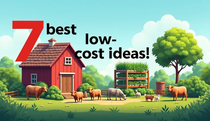 Visual Theme: A small farm with several low-investment farming practices highlighted, such as a vertical garden, aquaponics system, and some livestock grazing. Use a clear blue sky and healthy greenery to convey growth and success. Text Overlay: Bold red t...