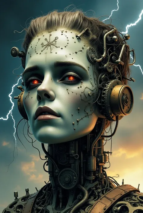 Steampunk-inspired Frankensteins head, showcasing female features in an intricate composition, lightning crackling in the background, crafted in the artistic style of Brian Despain and Stefan Gesell, bathed in a chrome color palette, ultra HD, UHD pen and ...