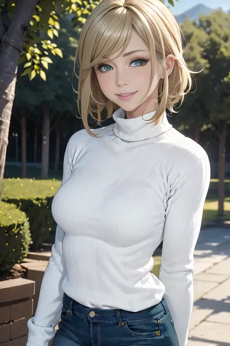 masterpiece,  top quality ,  ultra-high resolution ,  beautiful lighting ,  multicolor wig  ,  Tight Jeans , Blonde hair, (Green eyes: 1.3), (white sweater: 1.2), Turtleneck,  standing , In the park, Beautiful scenery, A little blush , Smile, (cute smile: ...