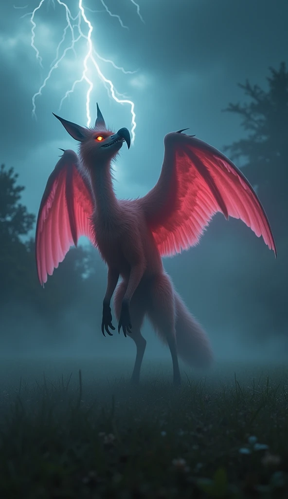 "In a dark, mist-shrouded lawn under an ominous, stormy sky, a terrifying hybrid creature emerges—a monstrous fusion of a fox and a flamingo, radiating a fierce, menacing presence. This powerful beast has the muscular build and sharp claws of a fox combine...