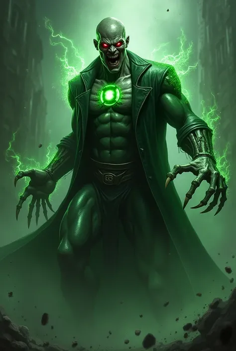 siêu anh hùng DC green lantern biến thành ma cà rồng, răng nanh, máu, móng vuốt dài, cơ thể bị thối rữa, tư thế chiến đấu
