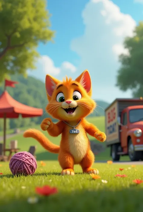 Create an animated orange kitten Pixar style an animated image with a necklace that says the name PAT,  playing in the park with a ball of wool and a truck nearby with a sign that says "BIG FAIR TODAY " 