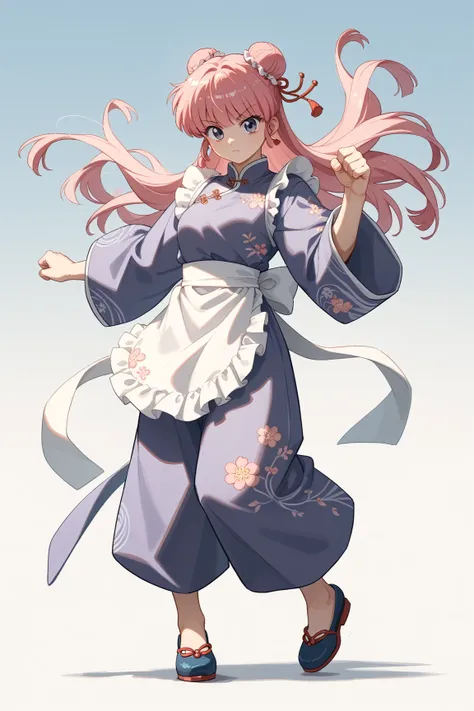 Full body drawing、Ranma 1／2、light pink hair、  bun hair、  half twin、 Long Hair、 Princess cut、Light purple Chinese clothes with small, sparse flower patterns、White ruffled apron、Kung Fu Shoes