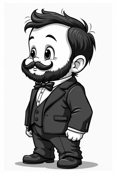 Baby in an elegant low-fade suit with a beard and mustache that pops out of profile and in a black and white cartoon