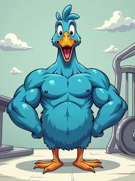 A simple blue goose cartoon in a Matt Furie style. The goose is pumped up from weightlifting at the gym