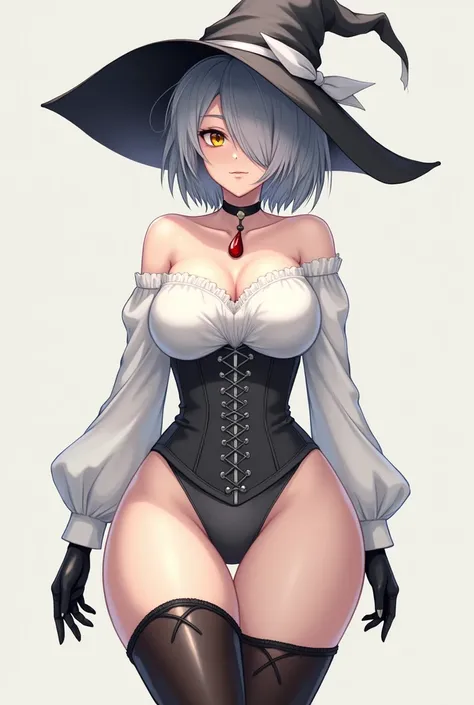 - Anime style,
- beautiful woman,
- mature,
- dominant,
- motherly,
- elegant,
- pale skin,
- curvy, feminine figure,
- thick thighs,
- grey witch hat
- grey spiky, chin length bob cut with side swept bangs over right eye 
- yellow left eye, blind right ey...