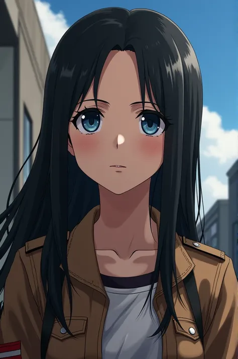 Create an image of an anime girl attack on titan style, with long, straight, well-groomed black hair, no bangs on the forehead, defined eyebrows and navy blue eyes that reflect her character.  