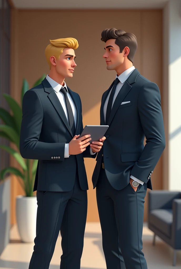  Draw me Raymond Smith  (Charlie Hannham ),  with a Samsung tablet in his hand ,  and hes standing in the waiting room next to a tall man under 190 cm,  as a blue-eyed blonde  ( hes the CEO of ,  and Raymond is his assistant )