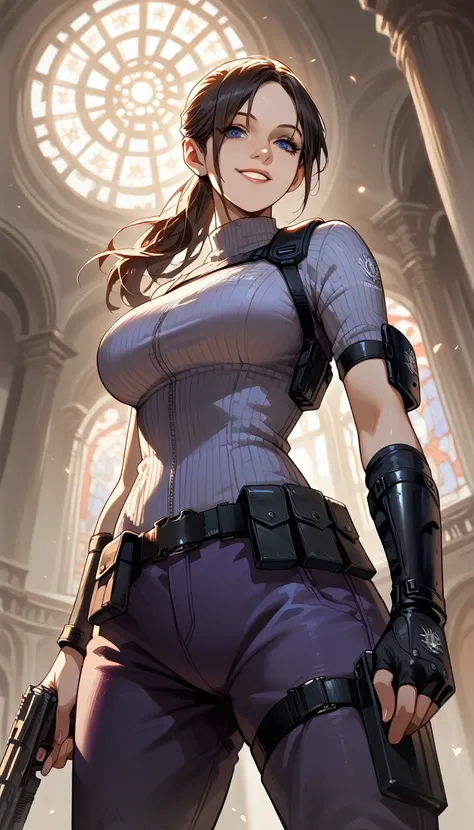 Claire redfield, (((((((straight hair))))))), resident evil theme, big breasts, sexy body, beautiful, deep blue eyes, (wearing: purple tactical bodusuit,arm guard), (dynamic sexy pose,dynamic angle),from below,happy smile, (abandonned mansion background)