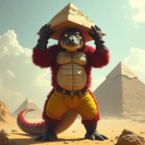  A huge red muscular crocodile furry jock with yellow glowing eyes without pupils in black metal bracelets, wearing yellow pants, he is holding the pyramid of Cheops in the desert above his head  