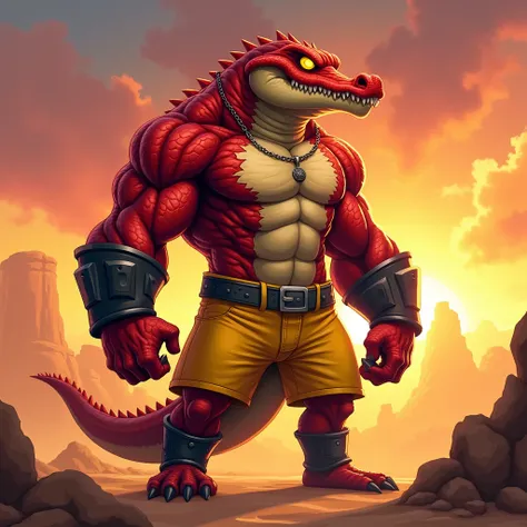  Red muscular crocodile furry jock with yellow glowing eyes without pupils in black metal bracelets, wearing yellow pants stands against the backdrop of a sunset in the desert in cartoon style 