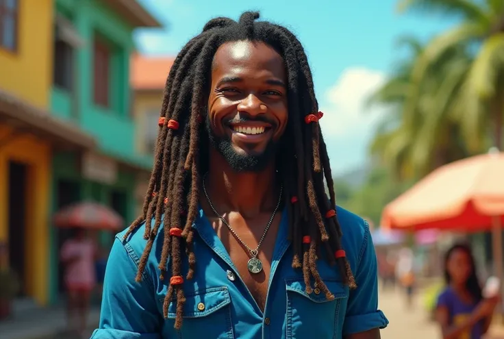 A man with dreadlocks wearing a blue shirt, dreadlock hair, dreadlocks, long dreadlocks, young man with long hair, dreadlocks, a black man with long curly hair, Jamaican