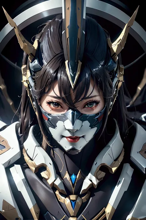 a close up of a woman in a costume with a mask on, robot mecha female dragon head, but the armor covers her face, gynoid cyborg body, big oppai, girl in, sleek mecha female dragon head, of a beautiful female warframe, unreal engine render