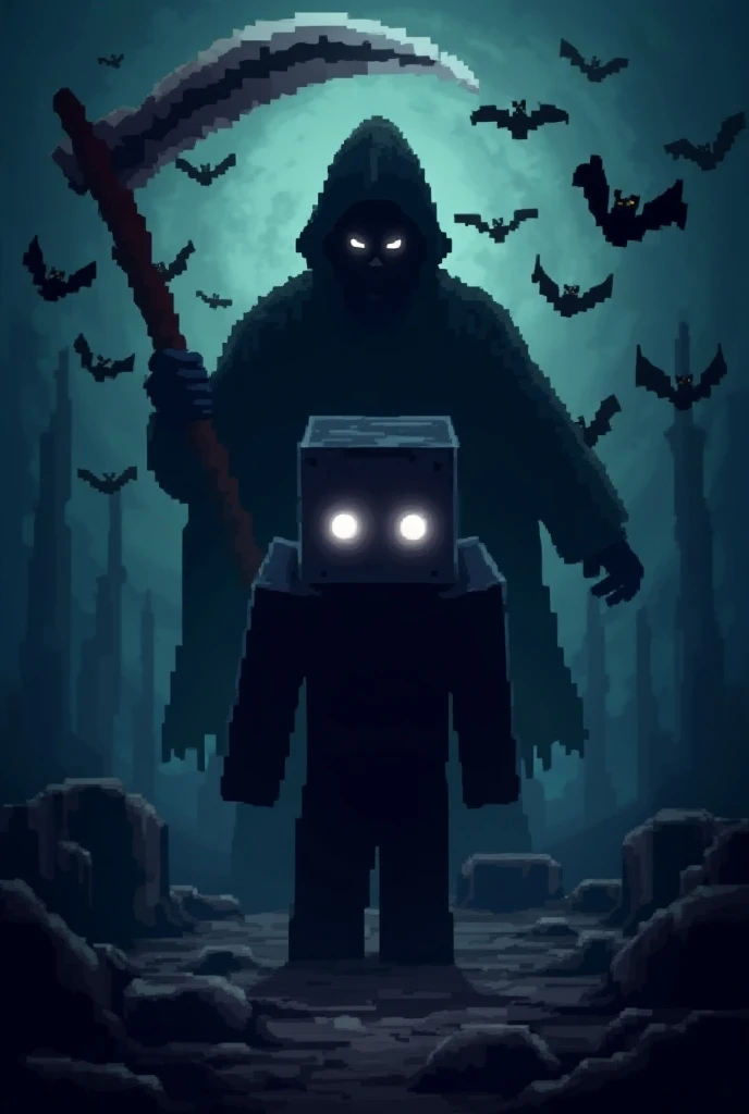  Minecraft Theme , Pixel Tone ,Minecraft herobrine,Grim Reaper holding a scythe,Glowing white eyes, are shining in the dark,Tons of bats ,Character emphasis