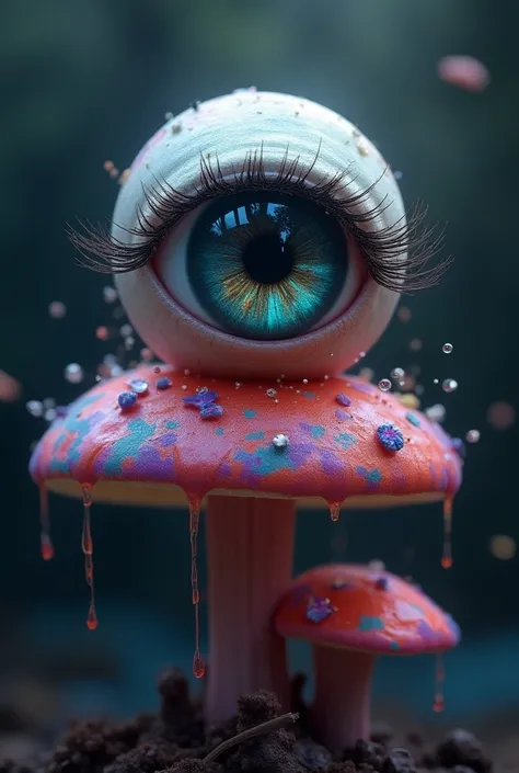 All seeing eye whith eye lashes  on mushroom  leaking colors 