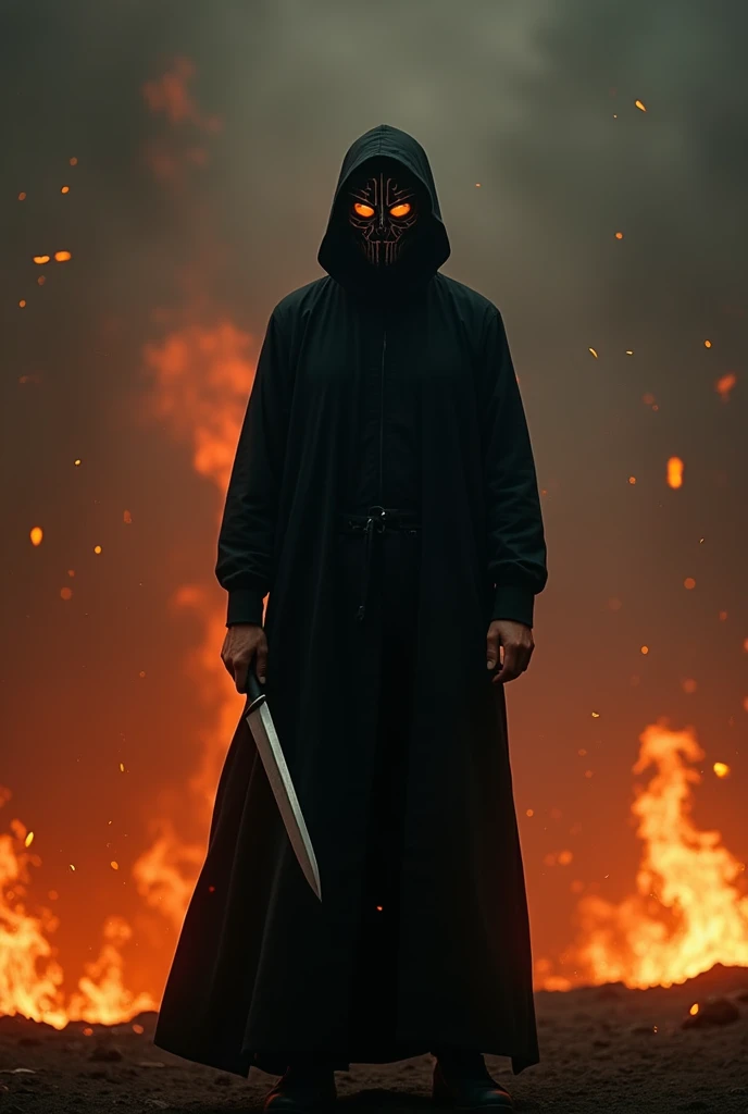 A man This Alone And Black long shoot dress and background sun or Fire And man hand Knife and man mouth of Mask man eyes Fire