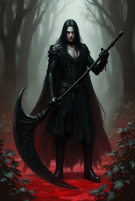 Create magic the gathering style a handsome man with white skin wearing gothic makeup with long straight black hair with yellow eyes wearing a gothic outfit with black boots with belts adorned around the body holding a giant shimmering black sickle with a ...