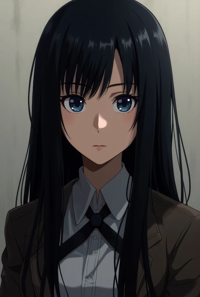 Create an image of an anime girl attack on titan style, with long, straight, well-groomed black hair, no bangs on the forehead, defined eyebrows and navy blue eyes that reflect her character.  Smaller eyes. Take off her bangs