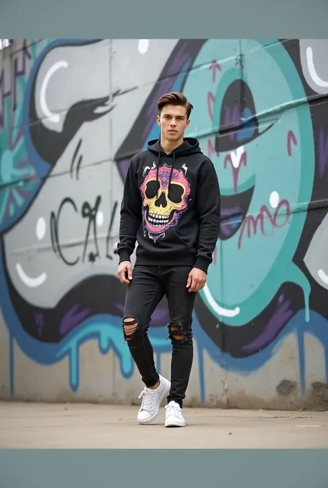 Full shot of a young man 28 year old in front of a graffiti-covered wall. 


The man is wearing a black hoodie sweatshirt with a graphic design featuring various patterns, symbols, and text. The design is multi-colored, with orange, red, black, white, and ...