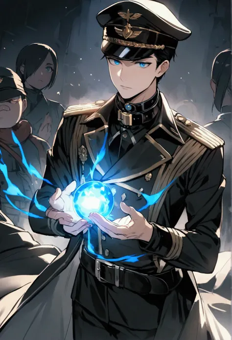 male、 short black hair、 blue eyes、uniform、Dubbin、 collar、Military Black Coat、military cap、、