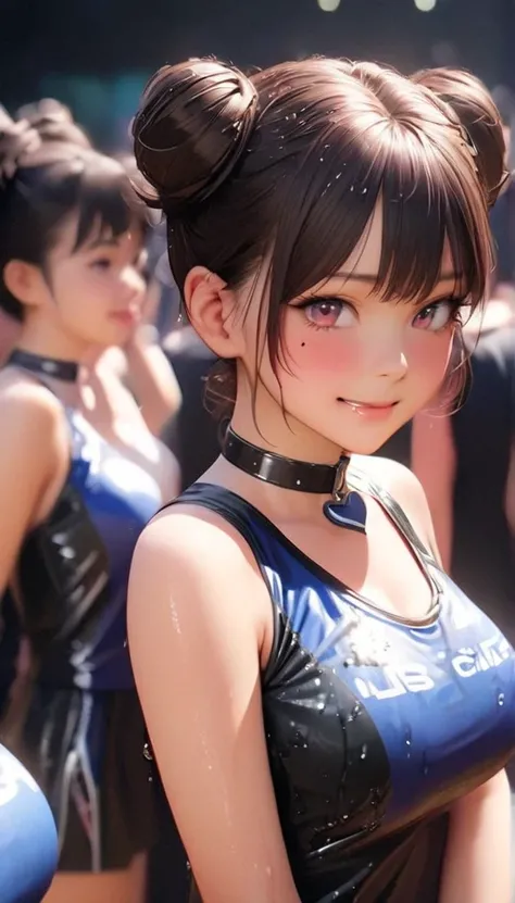  one girl playing pranks,  stares at the audience, Adorable, Beautiful pink eyes,  2 brown double hair buns,  under eye mole,  plump, shiny lips ,  heart shaped choker,  dance team uniform , Her name is Rico, smile, . . . 3d, Realistic,  dance team uniform...