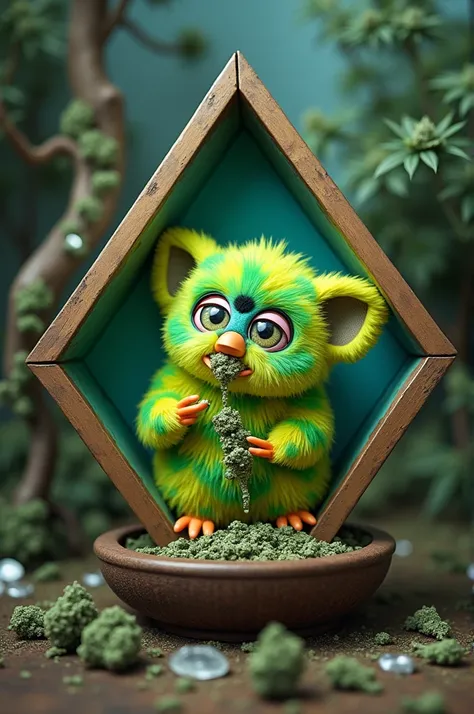 Green and yellow Furby smoking weed inside a diamond on a cocaine bonsai