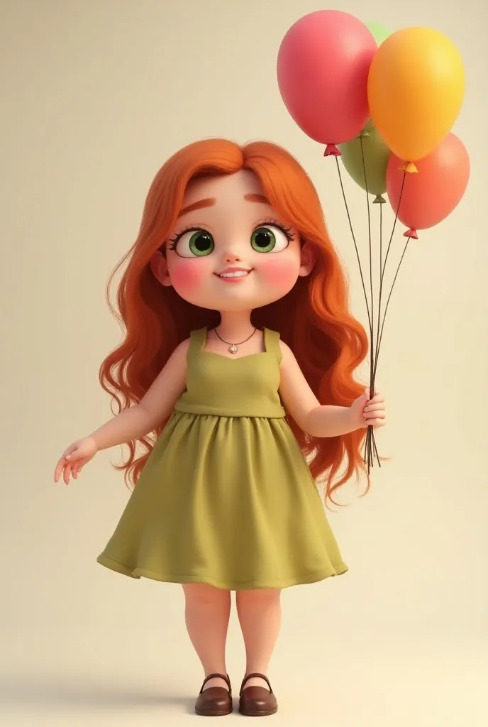 Adult A fat sweet girl with long red hair and green eyes, fair skin and plump lips in a cute dress stands with balloons in her hand