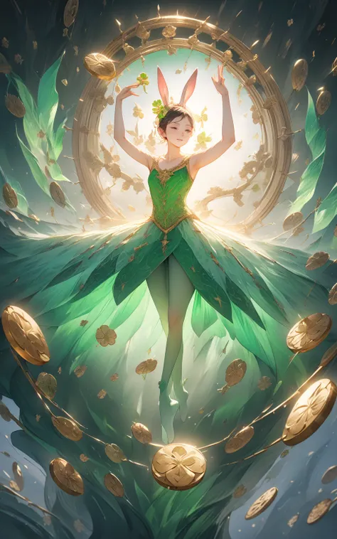 Lucky Clover Dancer"
 prompt : Hyper-detailed nano-textured lucky charm dancer in 8K resolution, showcasing intricate four-leaf clover patterns and vibrant emerald colors. The scene features a graceful ballerina pirouetting on a giant golden coin surrounde...