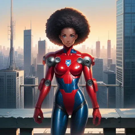 1girl, city,  construction , cyberpunk, skyscraper,  science fiction , cyborg, Alone,  long black hair, shiny punk hair , breasts,  cityscape, crane (machine), toys, realistic, ,  dark-skinned woman, blue eyes, standing, Red jacket, A young girl, afro amer...