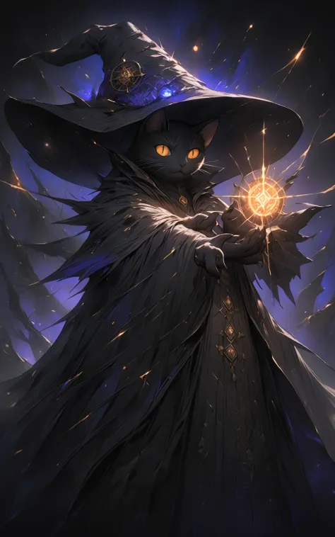 "Black Cat Wizard "
 prompt : Hyper-detailed nano-textured feline sorcerer in 8K resolution, showcasing intricate spell runes and vibrant midnight blue colors. The scene features a majestic black cat wearing a wizards hat, casting protective spells to ward...