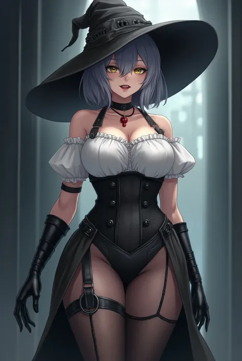 - Anime style,
- beautiful woman,
- mature,
- dominant,
- motherly,
- elegant,
- pale skin,
- curvy, feminine figure,
- thick thighs,
- grey witch hat
- grey spiky, chin length bob cut with side swept bangs over right eye 
- yellow left eye, blind right ey...