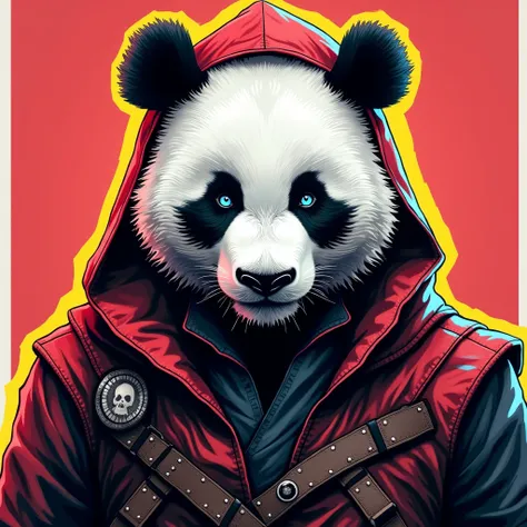     You could make the face of a panda wearing an assassins creed costume    , ultrarealistic,   in the form of stickers for a first-person t-shirt with   , neon colors red  ,  yellow and white a CMG sign on the chest ,  UHD,  blue eyes , 