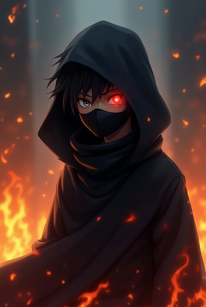 A boy in a black Akatsuki robe wearing a hooded mask with fire in the background and a red eye 