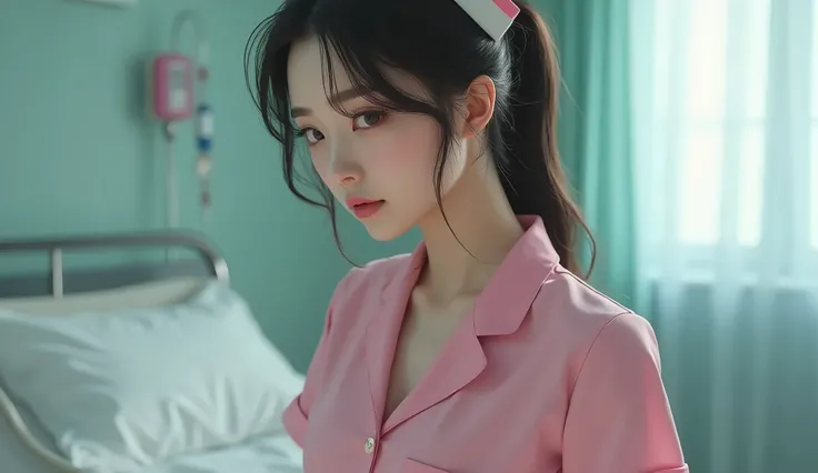 UHD, retina, accurate, masterpiece, anatomically correct, textured skin, super detail, high details, award winning, best quality, highres, a woman nurse, Korean, 27 years old, idol style face, big breast, seduce, pink nurse uniform, wearing grey cotton bra...