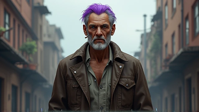 A tough old man with purple hair smoking a cigarette
