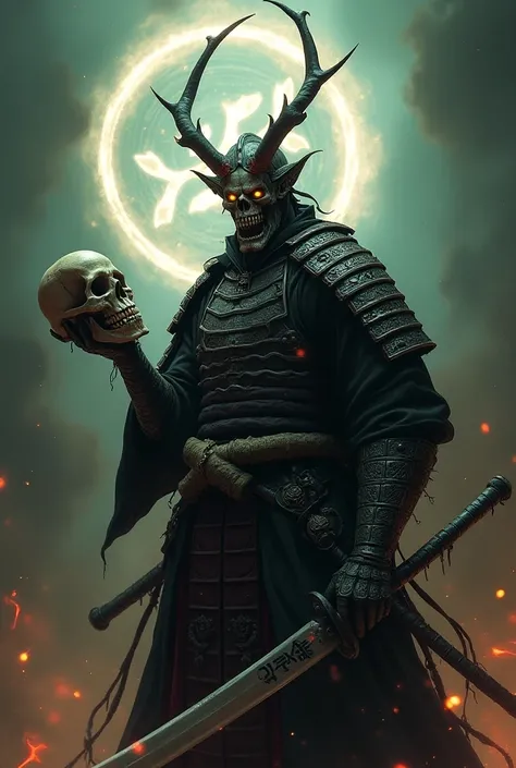 DEMONIC SAMURAI WITH A DESTROYED SKULL IN HIS HAND AND THE DEMONIC SIGN OF PISCES IN THE BACKGROUND