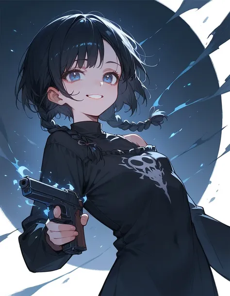  sister model ,Black hair,Short hair,Short Braided Hair , in dark blue eyes, black open-shoulder blouse,Small face, Long Sleeve Black Shirt,Holding a Black Magic Gun ,teen,smile,Gothic,Age 18,