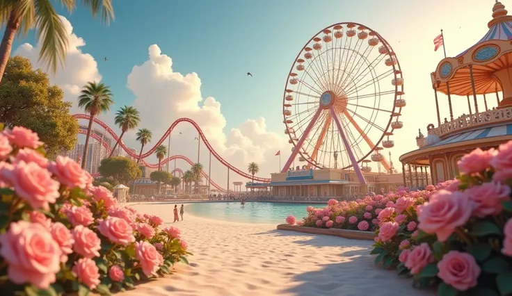 Sunny，Volumetric Lighting，A beach amusement park，There isnt a single person，There is a Ferris wheel inside， roller coaster ，Carousel，Surrounded by a flower garden of cappuccino roses
