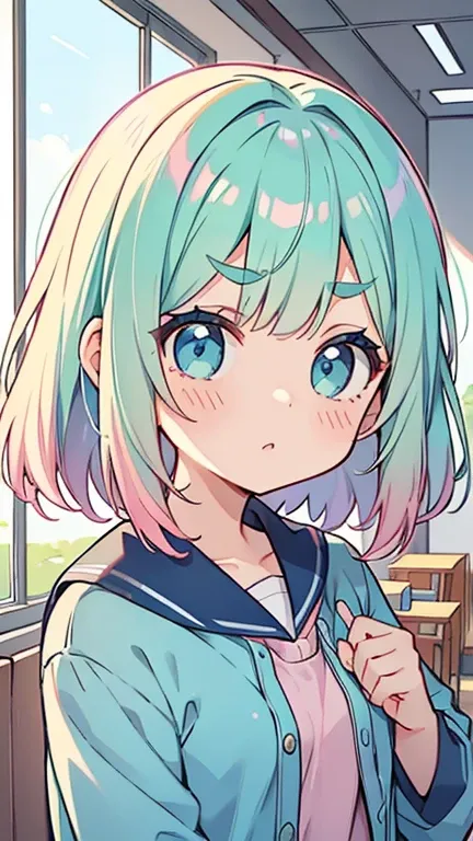 (( pink, girl with green gradation hair and navy blue eyes )),(( Im wearing light blue clothes like a college student )),bangs,  hair between eyebrows 