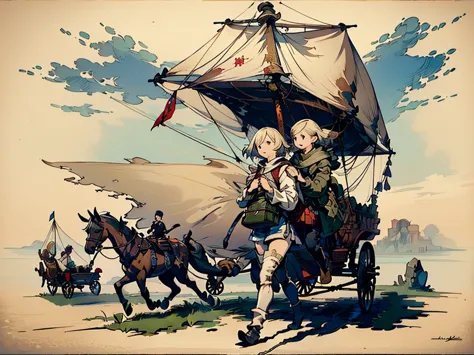 (((フラットart))),( best quality:1.2, absurd,realistic, detailed face),(((peddler caravan、medieval european sailing carriage))),(((1...