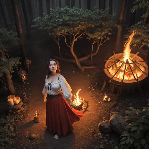 A witch, Dance around the fire ,  in the dark forest at night , is barefoot, wears a white blouse shoulder-free ,  red dress with black ditails ,chubby,Angle from above fantasy style, medieval style ,(masterpiece,  best quality,     extremely detailed   )
