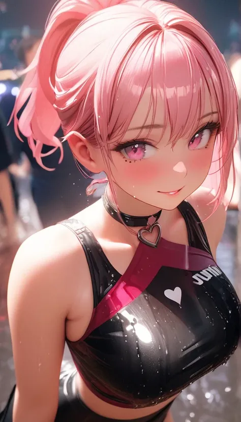  one girl playing pranks,  stares at the audience, Adorable, Beautiful pink eyes,   under eye mole,  plump, shiny lips ,  heart shaped choker,  dance team uniform , smile, . . . 3d, Realistic,  dance team uniform  outfit was drenched in heavy rain,  her br...