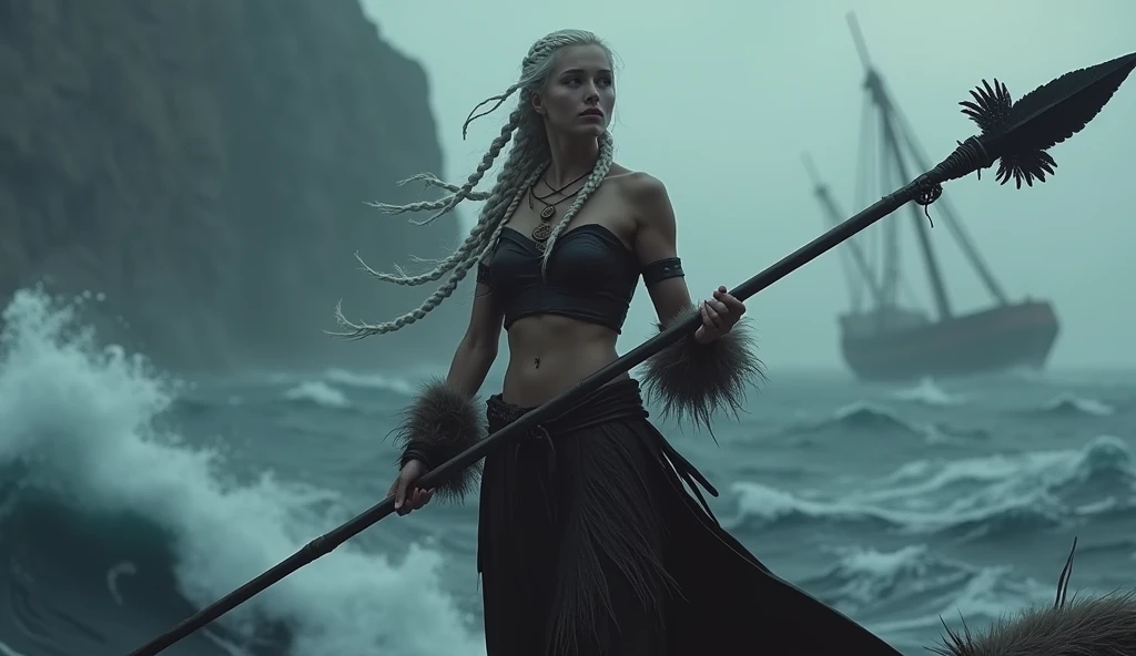 Look: Tall and statuesque with platinum-blonde hair in long braids, wearing a leather bandeau and fur-trimmed skirt.

Weapons: A long spear adorned with raven feathers.

Personality: Regal and commanding, known for her bravery and leadership.

Scene Detail...