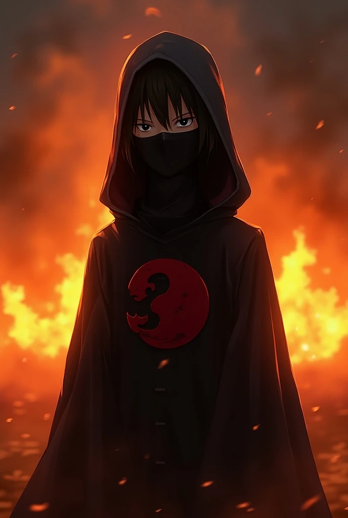 A boy in a black Akatsuki robe wearing a hooded mask and fire in the background 
 