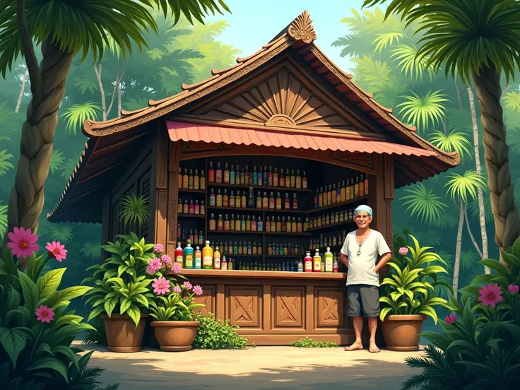 A Balinese traditional shop selling bottles of jamu in a lush green foliage setting