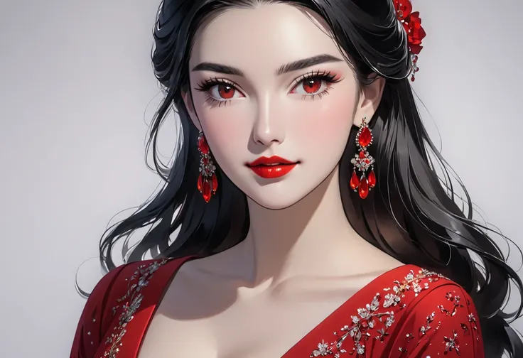 a woman with long black hair is wearing a red dress and lipstick, 1girl, solo, jewelry, breasts, earrings, red lips, black hair, makeup, long hair, looking at viewer, collarbone, lipstick, cleavage, brown eyes, upper body, medium breasts, simple background...