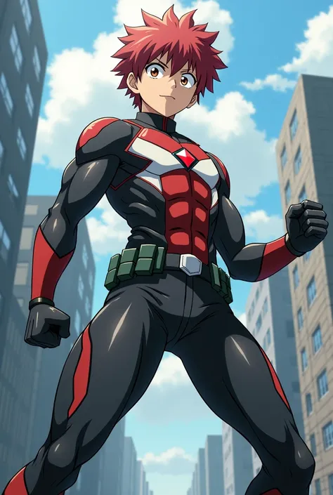 My Hero Academia Style , Anime Boy, male, young male ,Full Body Shot,(fighting stance:1.3),short hair, Red Hair,  Brown Eyes ,  small red jewel in the center of the chest,Hero Suit, Full Body Suit, red suit with white details, perfect anatomy, super detail...