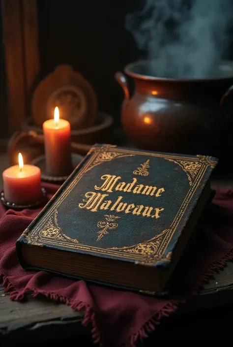 An antique looking witches book of spells and hexes with the cover written in big calligraphy letters signed by the author  MADAME MALVEAUX with candles and a big witches pot sitting off to the side