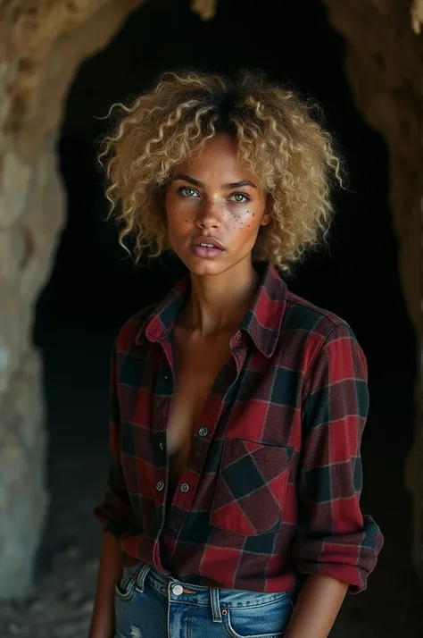 Photographie d&#39;une femme, (expression faciale troublée), peau texturée, chair de poule, cheveux afro blonds, chemise en flanelle à carreaux avec un jean boyfriend vieilli, tir de cow-boy, grotte sombre et mystérieuse avec des formations rocheuses uniqu...