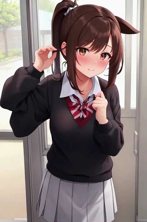  Hi-Res,  ponytails, Brown Hair,  Blushing ,  school uniform， sexy